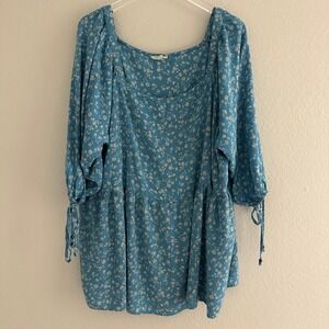 Romantic Gypsy Babydoll Blouse Women 3X Blue Floral Square Neck Boho Peplum